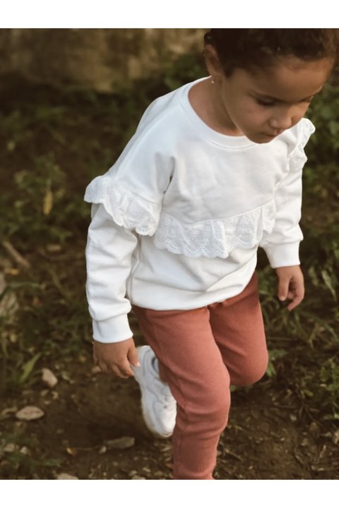 Kız Çocuk Çiçekli Fırfır Fisto Detaylı Premium Sweatshirt 2-7 Yaş (Kadın / Kız) 