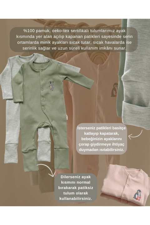 Uzun Kollu Bebek Tulum Aç Kapa Patikli %100 Pamuk Ekstra Yumuşak Doku Oeko-Tex Sertifikalı (Unisex) 